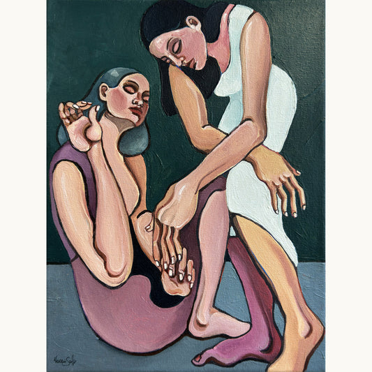 Noemi Safir Mind the Gap original acrylic painting on canvas, a highly collectible contemporary figurative artwork about women, intimacy, emotional tension and beauty with meaning.