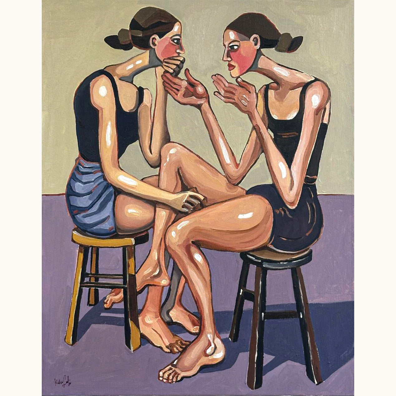 Noemi Safir No Air Left original acrylic painting on canvas, a highly collectible contemporary figurative artwork about women, emotional dependency, feminine intimacy, psychological pressure, and beauty with meaning.