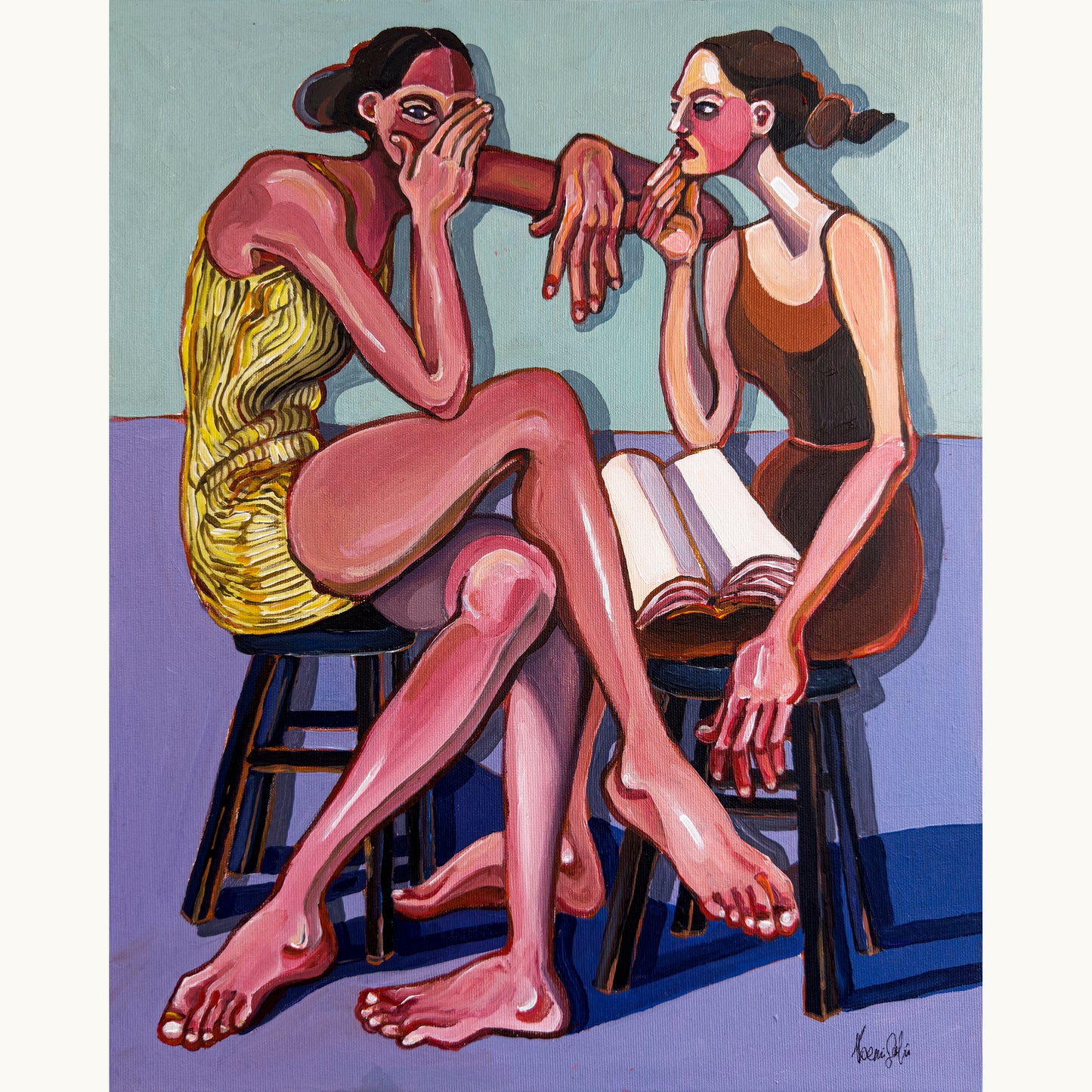 Noemi Safir Our Little Secret original acrylic painting on canvas, a highly collectible contemporary figurative artwork about feminine intimacy, secrets, silence, emotional tension, and beauty with meaning.