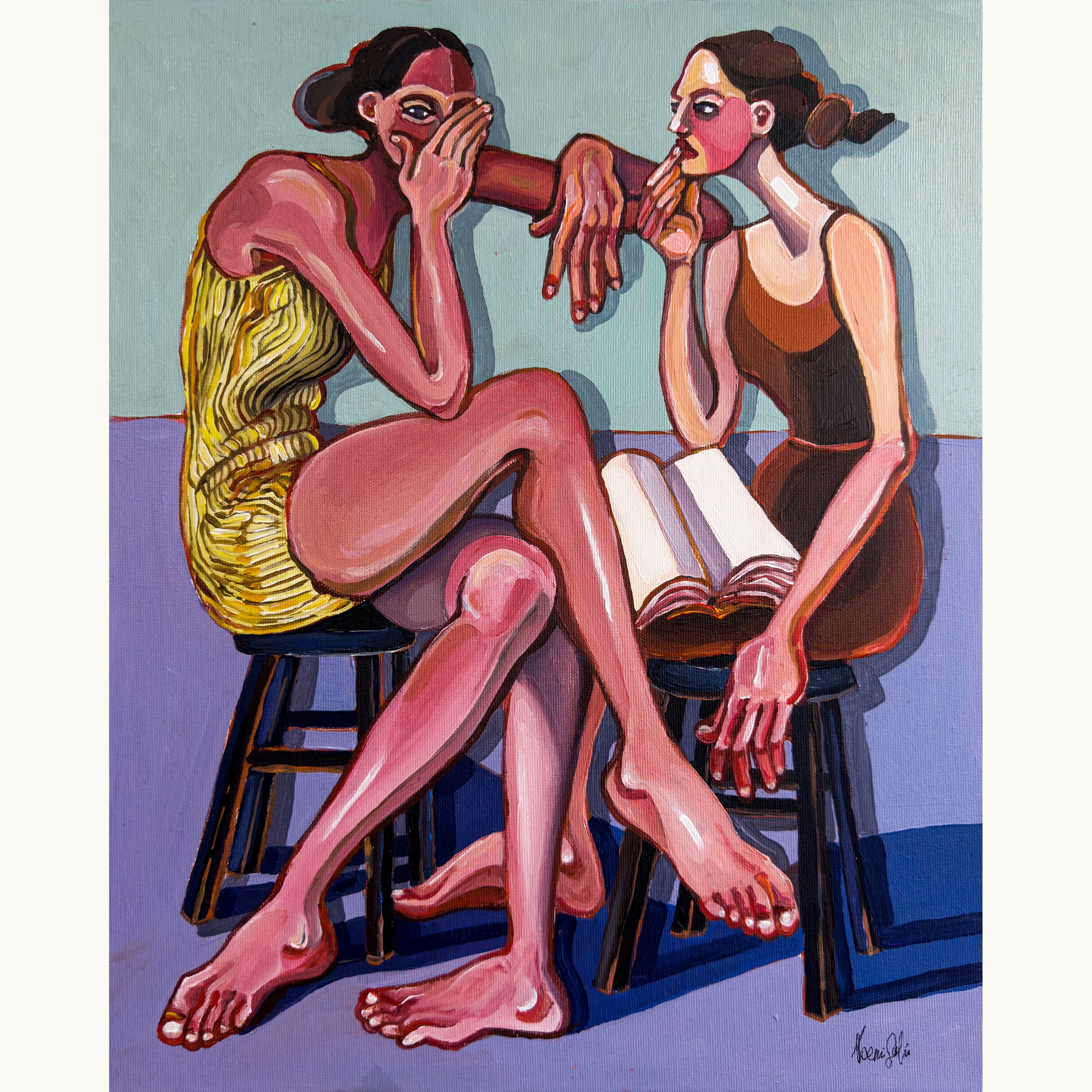 Noemi Safir Our Little Secret original acrylic painting on canvas, a highly collectible contemporary figurative artwork about feminine intimacy, secrets, silence, emotional tension, and beauty with meaning.