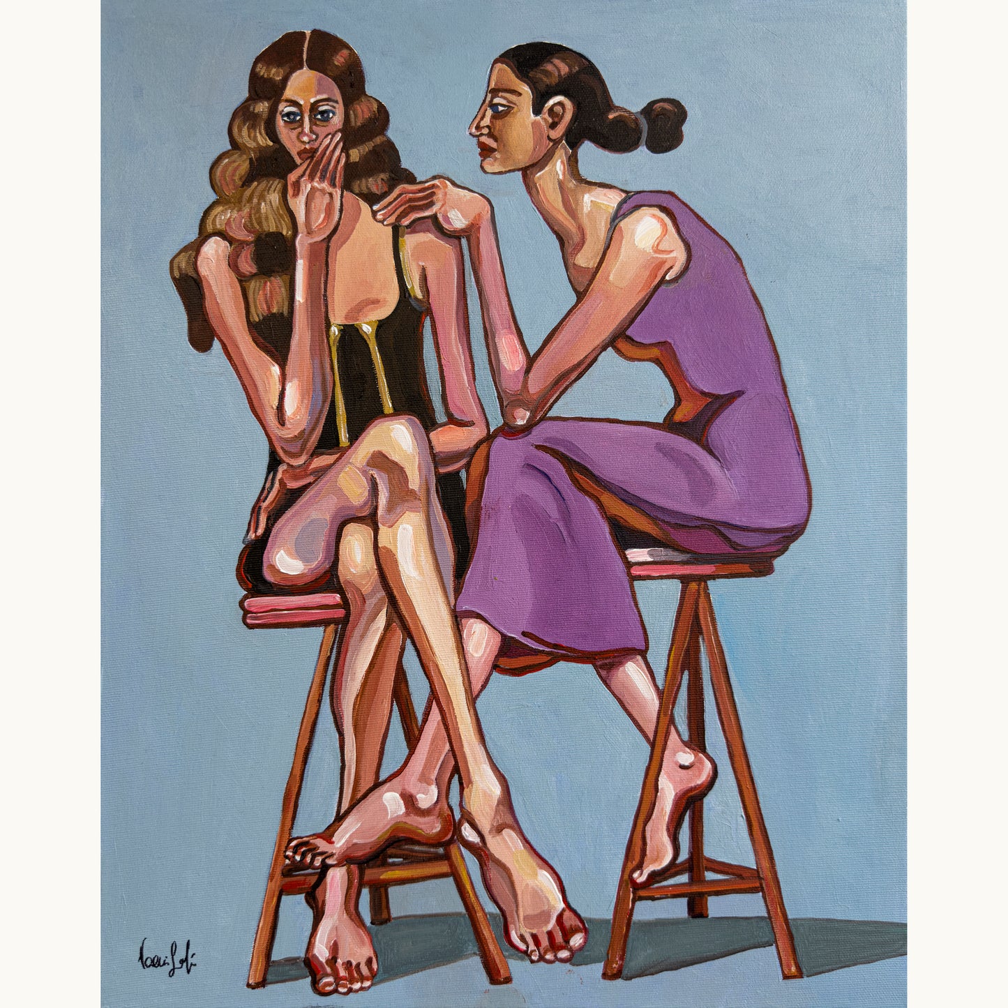 Noemi Safir Purple Pressure original acrylic painting on canvas, a highly collectible contemporary figurative artwork about women, emotional pressure, feminine intimacy, dependency, and psychological boundaries.