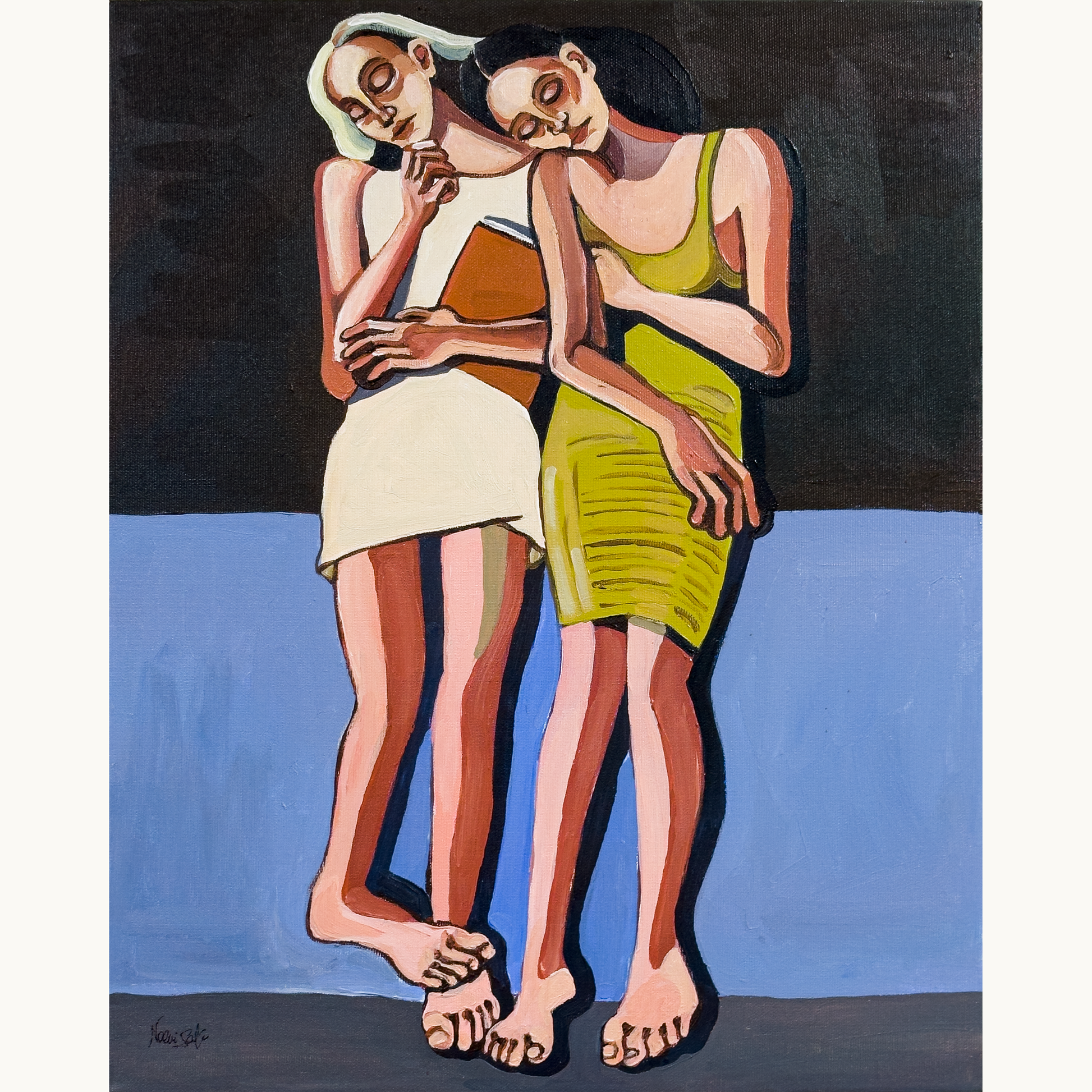 Noemi Safir Soft Addiction original acrylic painting on canvas, a highly collectible contemporary figurative artwork about feminine intimacy, tenderness, emotional dependency, and beauty with meaning.