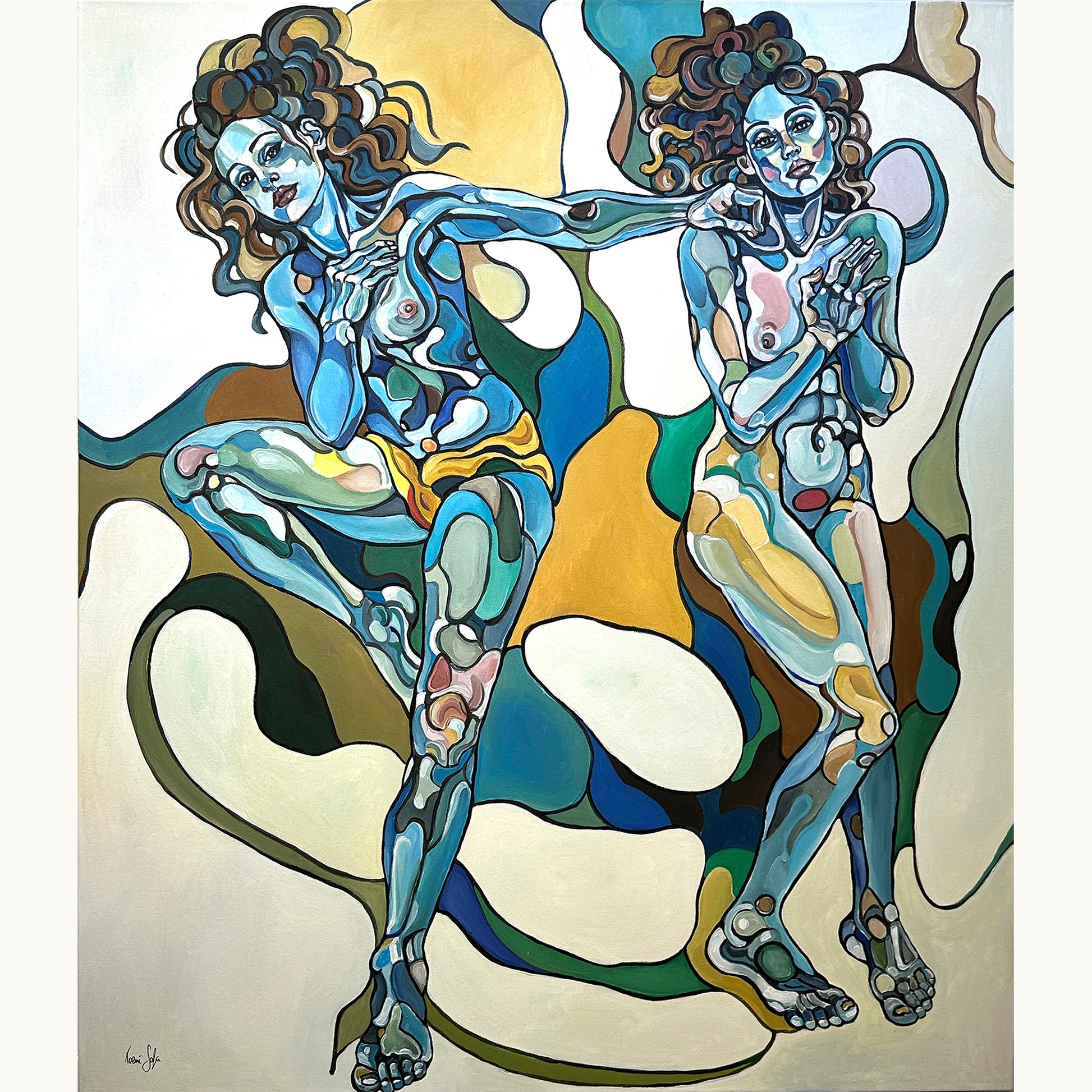 Noemi Safir This Wild Dance Never Ends original acrylic painting on canvas, a highly collectible contemporary figurative artwork about women, movement, feminine connection, symbolic storytelling, and beauty with meaning.