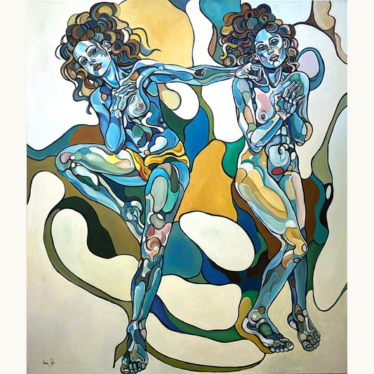 Noemi Safir This Wild Dance Never Ends original acrylic painting on canvas, a highly collectible contemporary figurative artwork about women, movement, feminine connection, symbolic storytelling, and beauty with meaning.