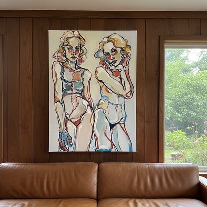 Contemporary figurative painting by Noemi Safir featuring two blonde female figures with layered red, blue, pink, and ochre contour lines