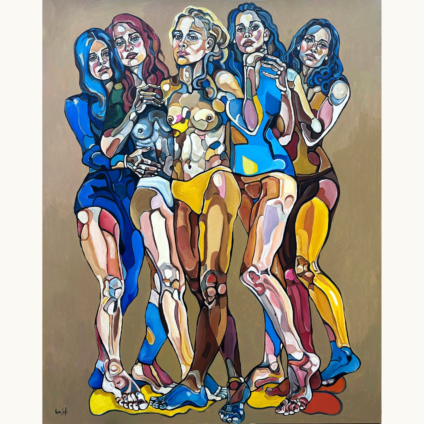 Noemi Safir We Are Unbreakable original acrylic painting on canvas, a highly collectible contemporary figurative artwork about women, female solidarity, collective strength, and beauty with meaning.