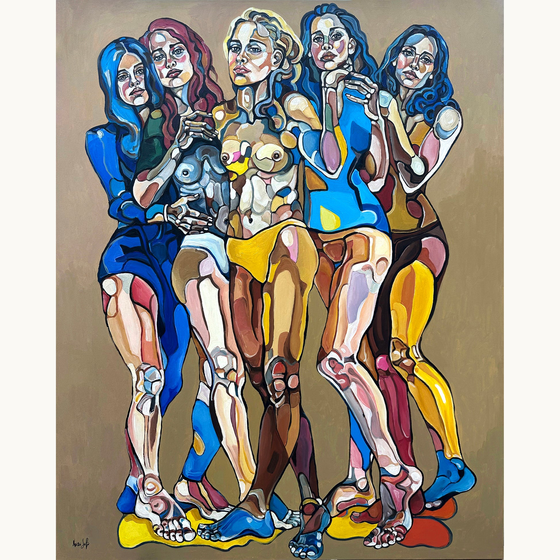 Noemi Safir We Are Unbreakable original acrylic painting on canvas, a highly collectible contemporary figurative artwork about women, female solidarity, collective strength, and beauty with meaning.