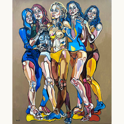 Noemi Safir We Are Unbreakable original acrylic painting on canvas, a highly collectible contemporary figurative artwork about women, female solidarity, collective strength, and beauty with meaning.