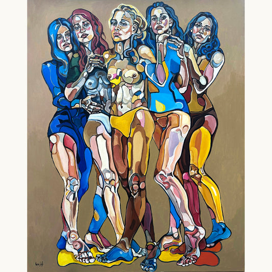 Noemi Safir We Are Unbreakable original acrylic painting on canvas, a highly collectible contemporary figurative artwork about women, female solidarity, collective strength, and beauty with meaning.