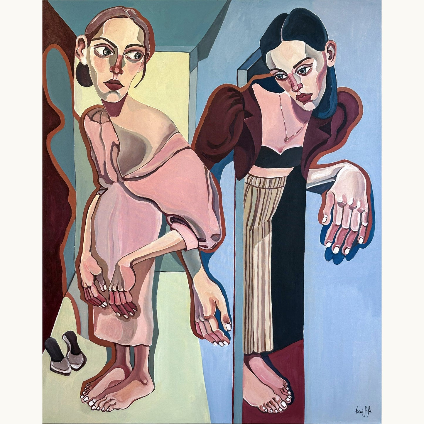 Noemi Safir Between Rooms original acrylic painting on canvas, a highly collectible contemporary figurative artwork about women, emotional distance, intimacy and beauty with meaning.