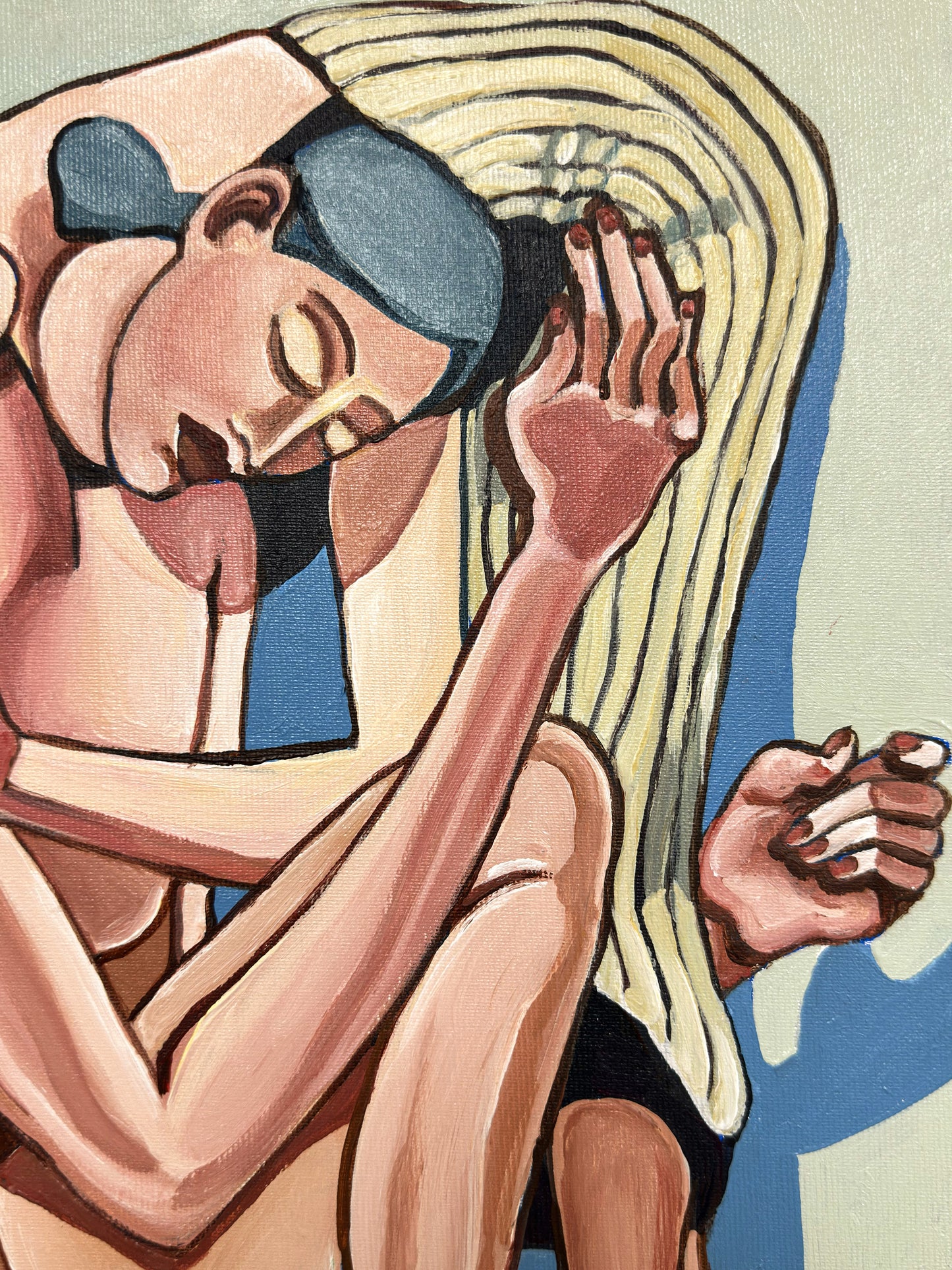 Hold Me original acrylic on canvas by Noemi Safir, a symbolic figurative painting about closeness, softness, dependency and the emotional force of touch.