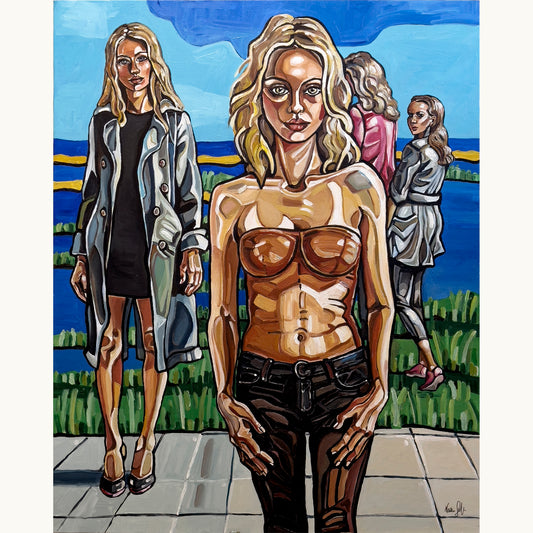 Original painting Inner Tides and Silent Hopes by Noemi Safir, acrylic on canvas with women standing by blue water in a contemporary figurative scene