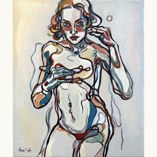 Original painting Messy Threads by Noemi Safir, acrylic on canvas with a seated female figure and expressive thread like contour lines