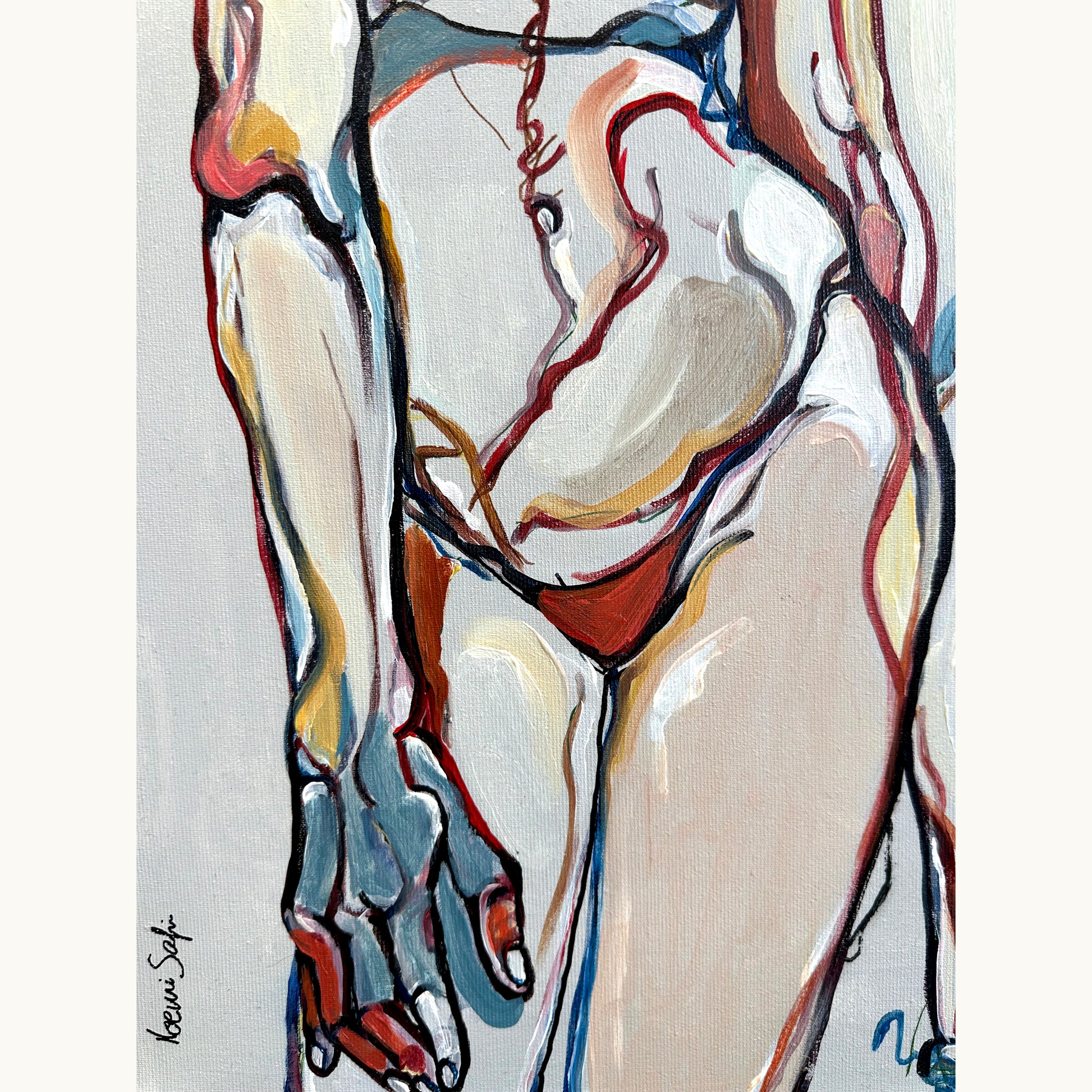 Collectible original artwork by Noemi Safir with two feminine figures, expressive outlines, and intimate figurative tension