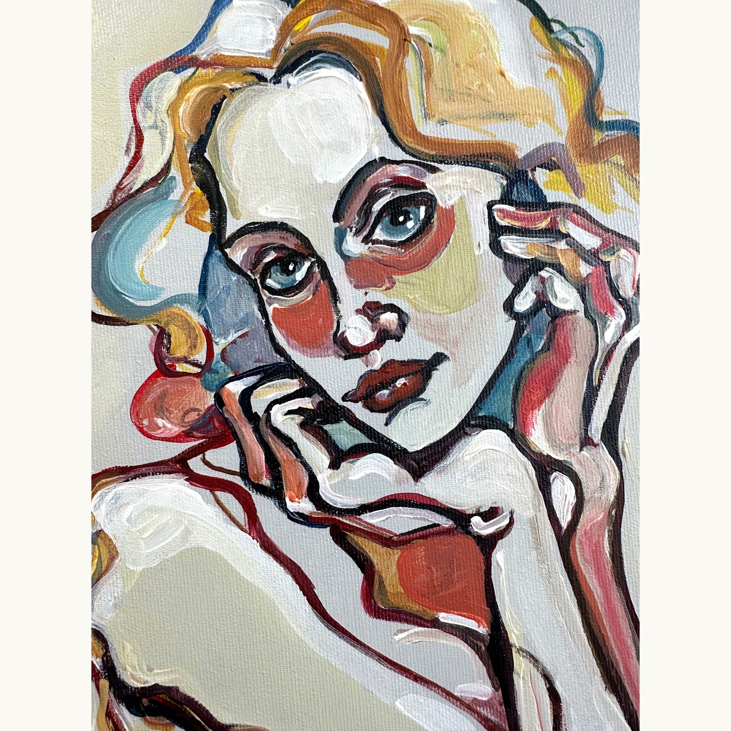 Female portrait painting by Noemi Safir showing direct gazes, soft neutral ground, and fluid black, red, and blue brush lines
