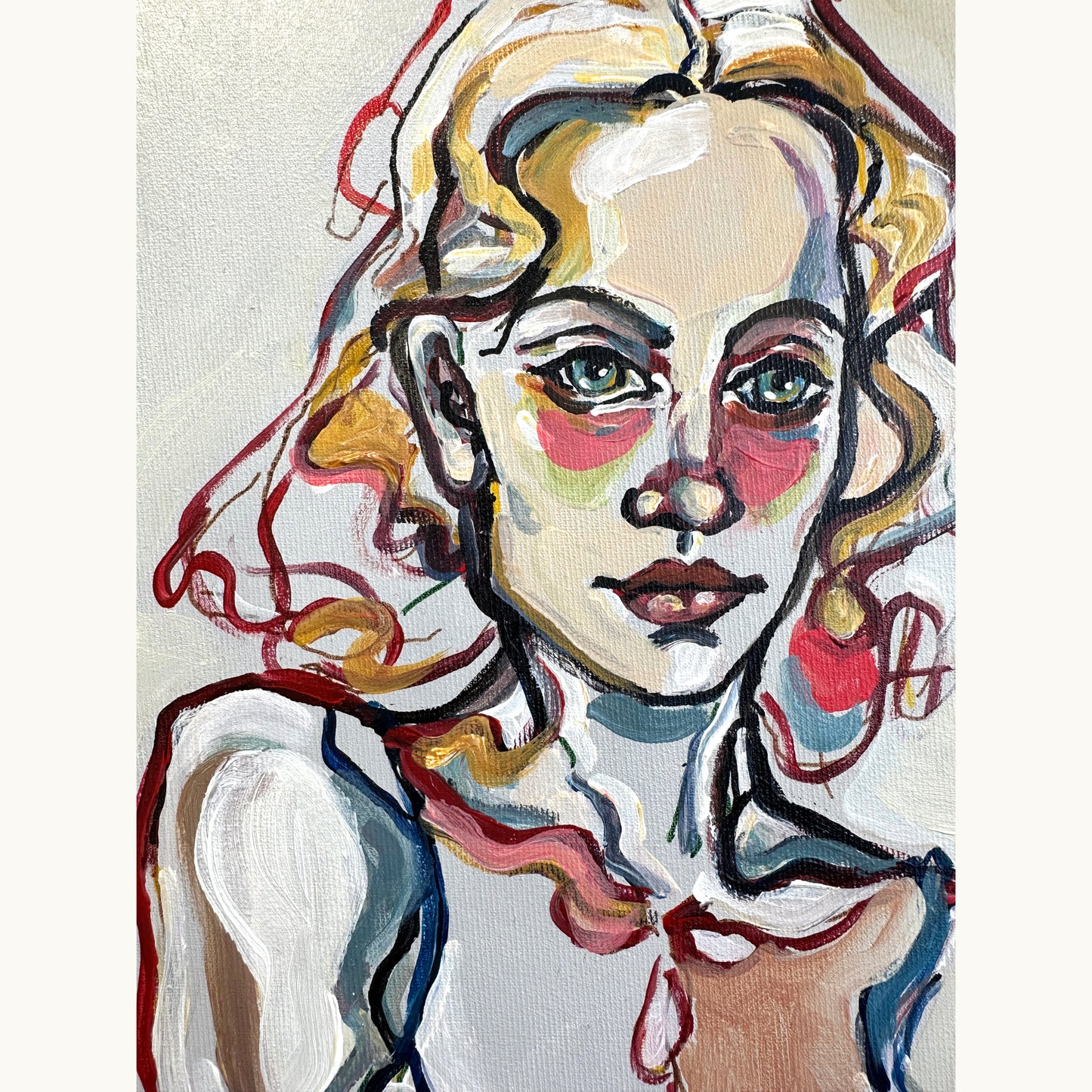 Contemporary figurative artwork by Noemi Safir showing two women in a seated composition with layered color accents and painted texture