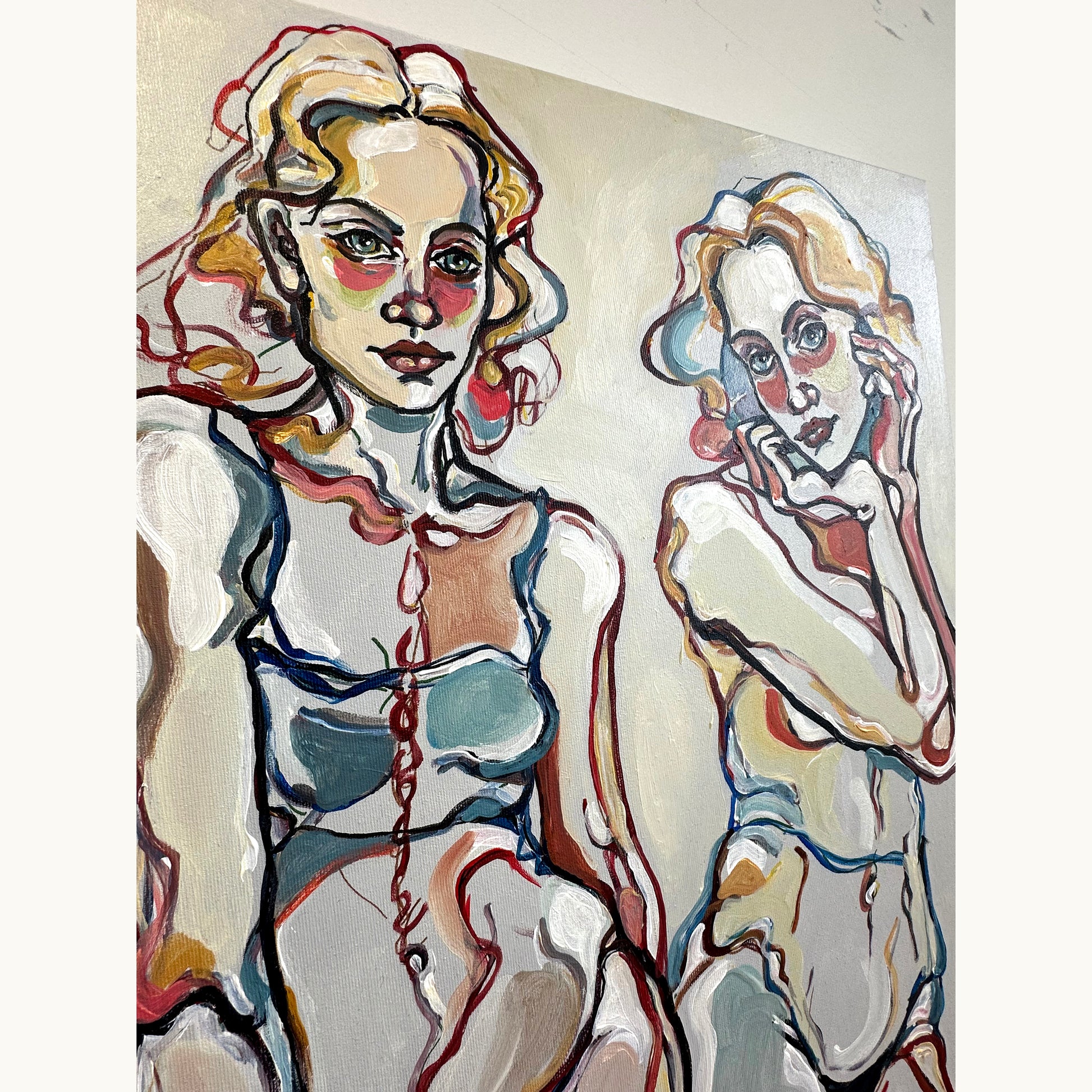 Original painting titled Two Versions of Desire by Noemi Safir, a dual female portrait in acrylic on canvas with expressive contour drawing