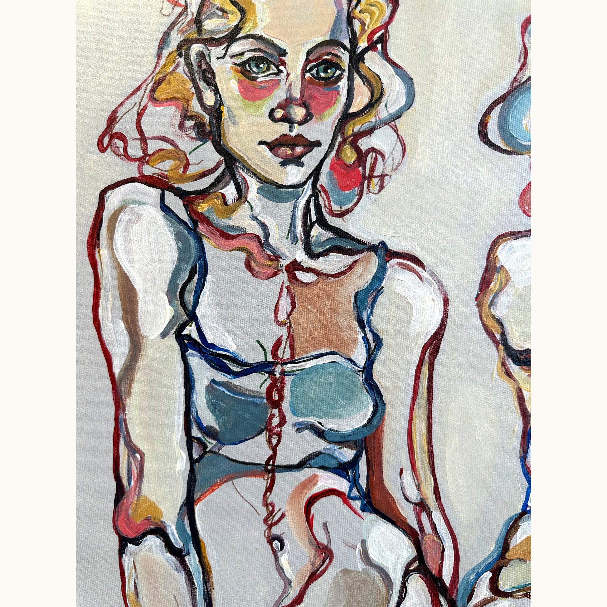 One of a kind acrylic painting by Noemi Safir featuring blonde female figures, pale background, and contemporary emotional portraiture