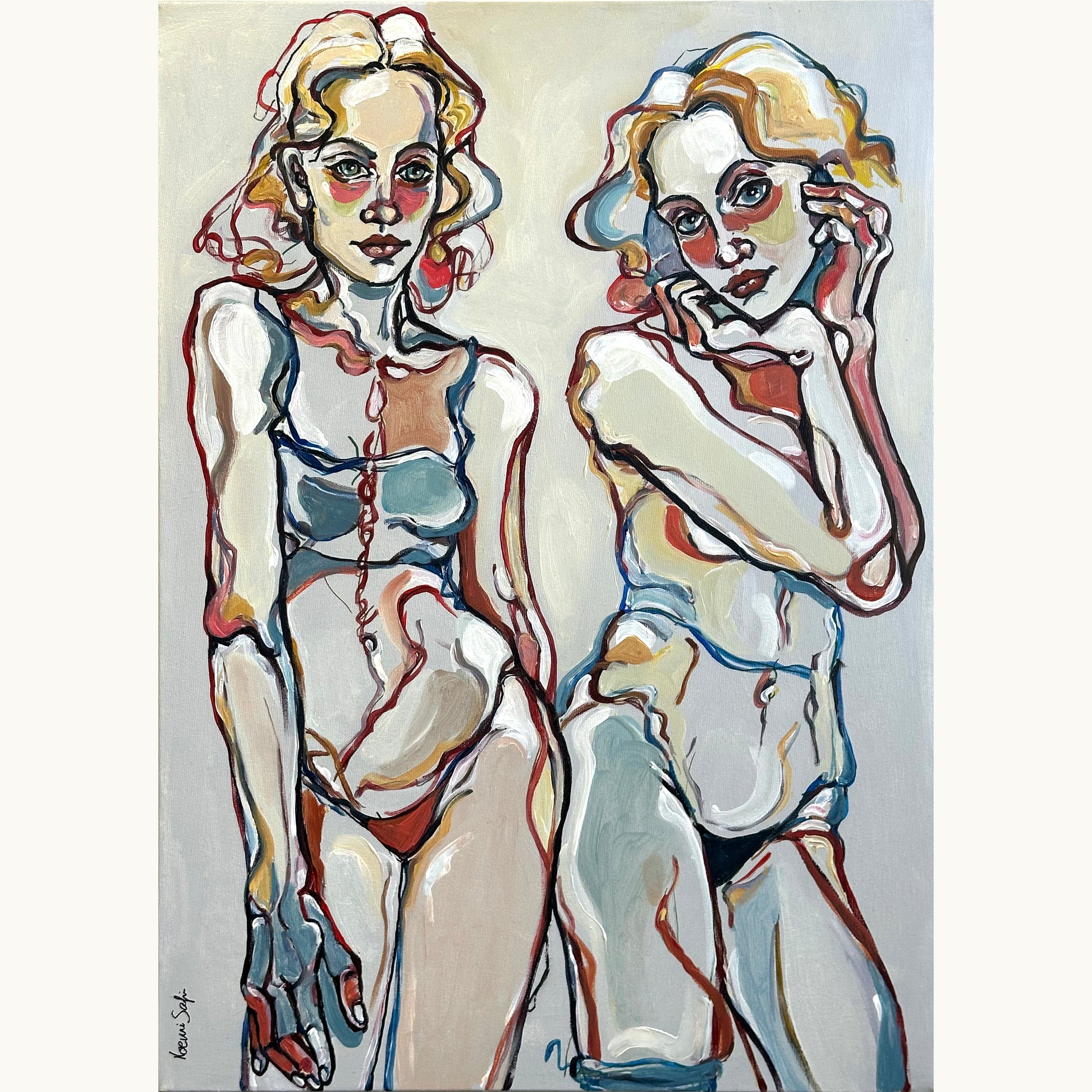 One of a kind original artwork by Noemi Safir showing two seated women, expressive linework, and a pale atmospheric background