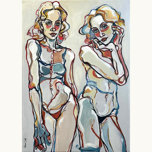 One of a kind original artwork by Noemi Safir showing two seated women, expressive linework, and a pale atmospheric background