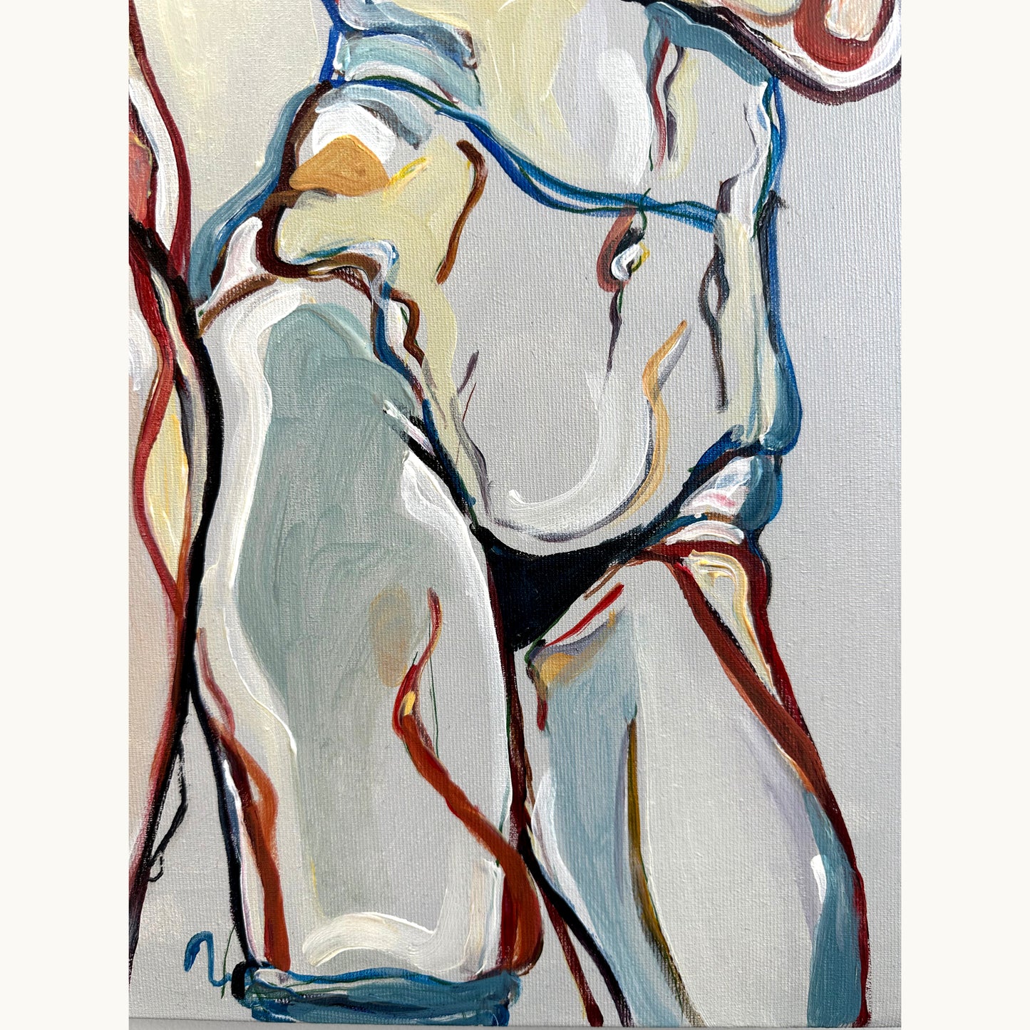 Original acrylic on canvas painting by Noemi Safir with two women seated side by side in a psychological dual portrait composition