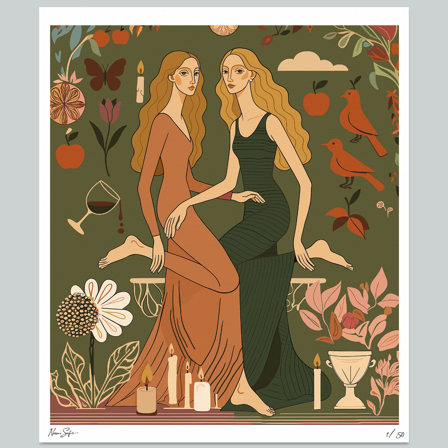 Fine art print titled “Olive Fantasy” featuring two women in warm-toned dresses, surrounded by olive green botanical elements, candles, and birds – perfect for your home decor, by NOE MI