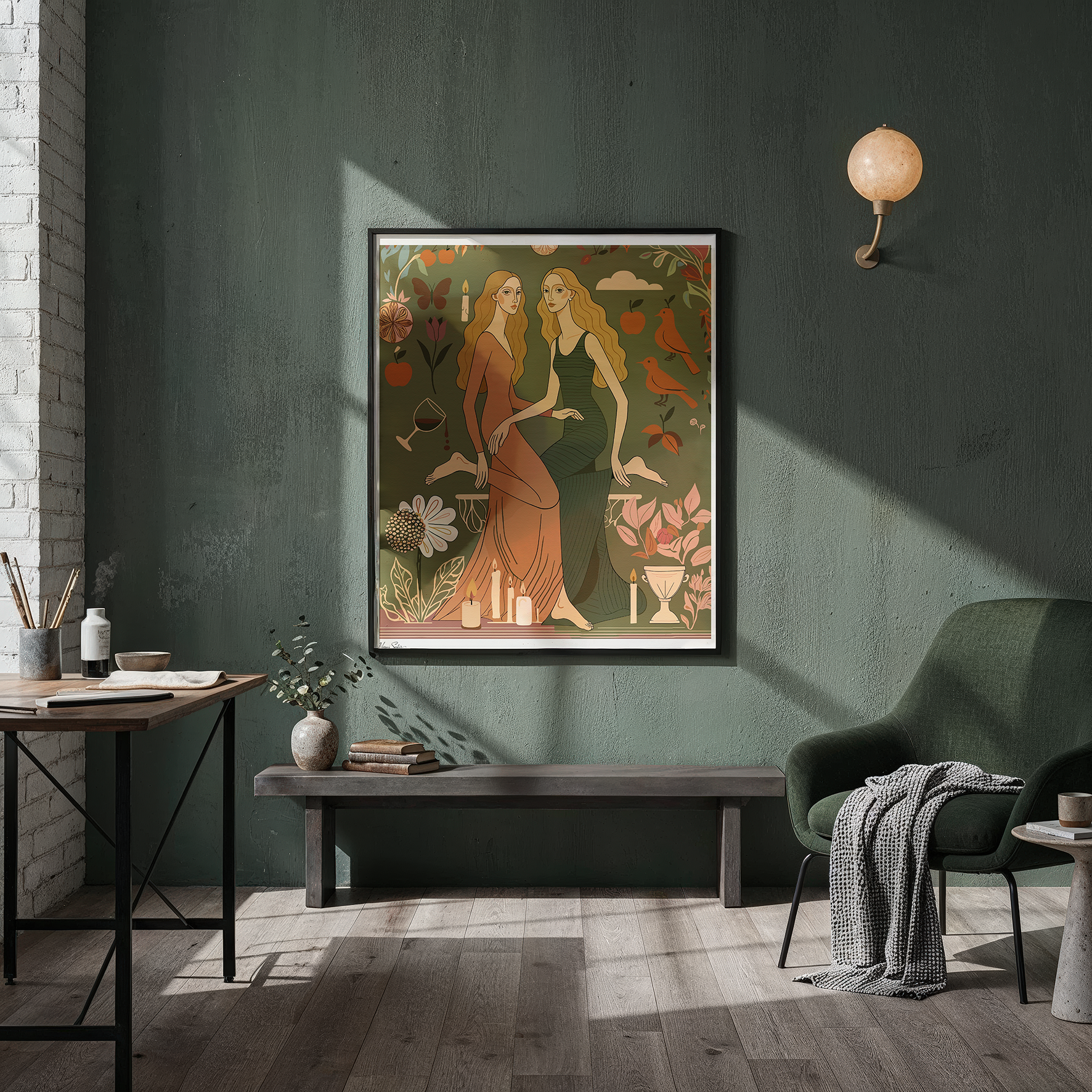 Close-up of contemporary botanical wall art with flowers, apples, candles, and a flowing feminine form,  ideal for curated and designed interiors, by NOE MI