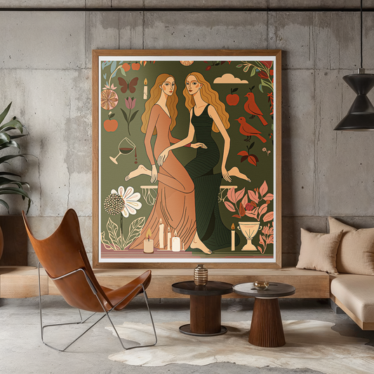 Modern figurative art print with elongated women, symbolic objects, and soft boho color palette, “Olive Fantasy” by NOE MI for your designed space