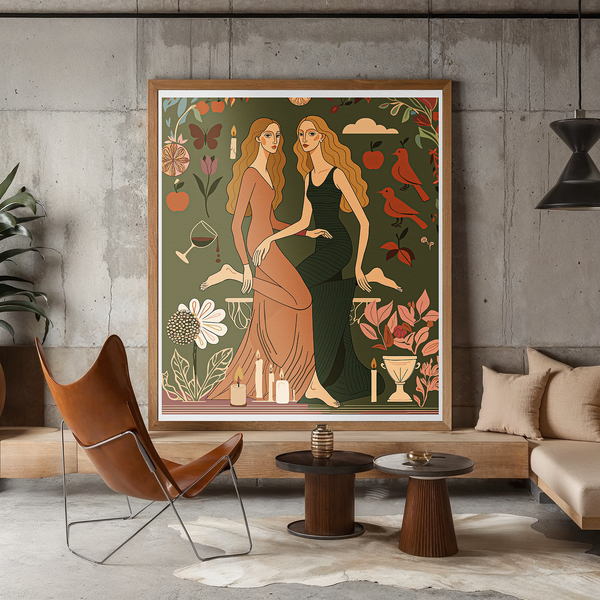 Modern figurative art print with elongated women, symbolic objects, and soft boho color palette, “Olive Fantasy” by NOE MI for your designed space