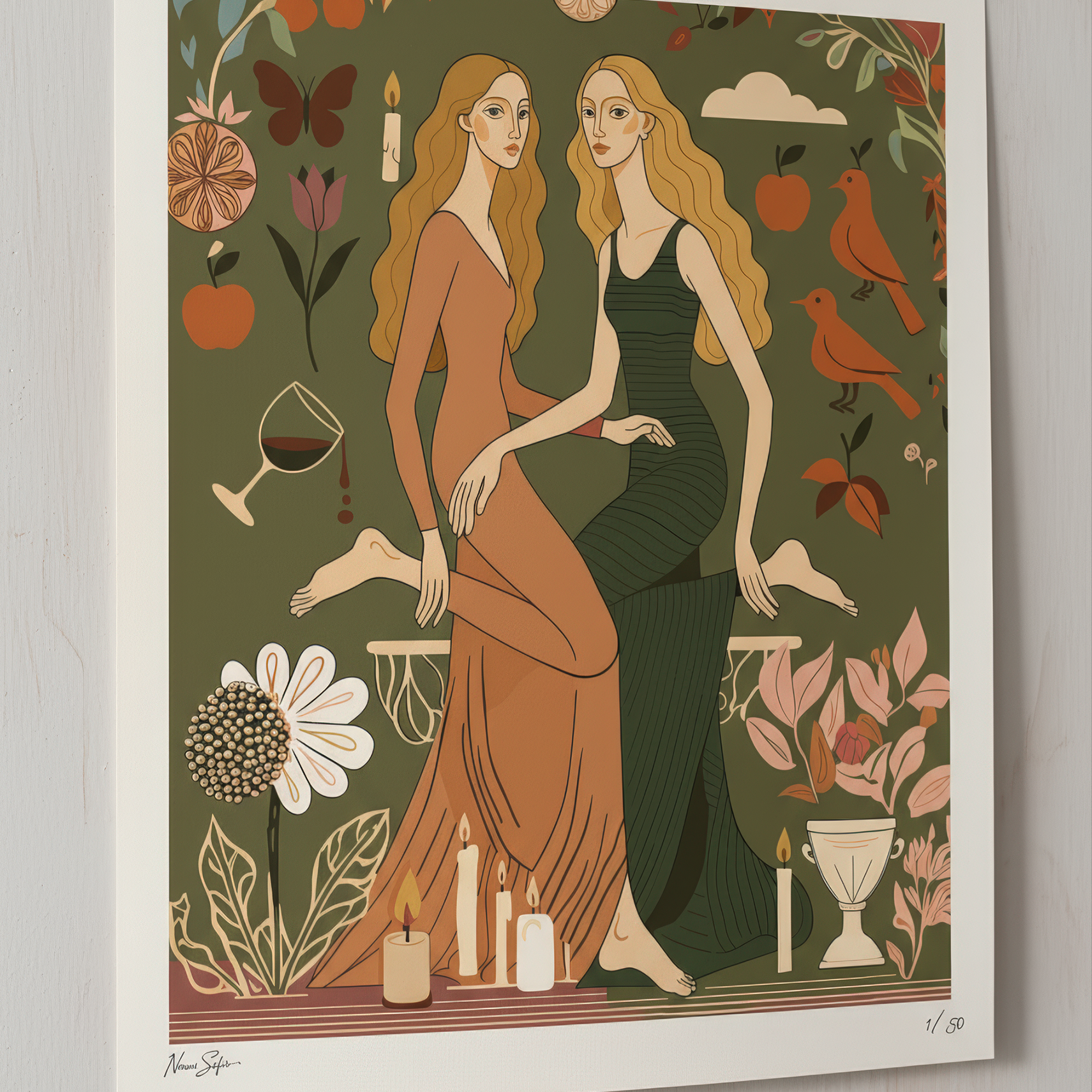 Surrealist illustration of women in harmony, holding each other in an olive-colored dreamscape, premium art print for art collectors, by NOE MI