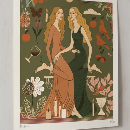 Surrealist illustration of women in harmony, holding each other in an olive-colored dreamscape, premium art print for art collectors, by NOE MI