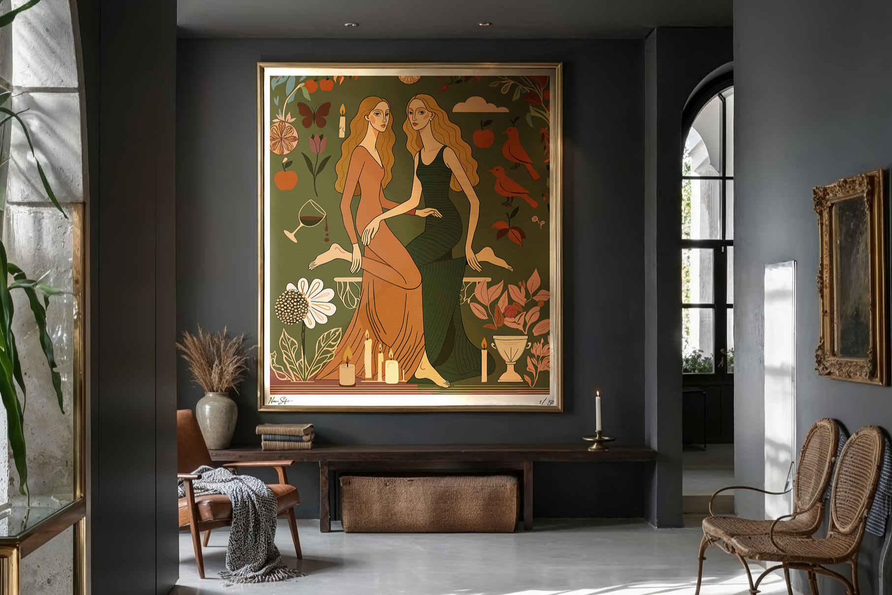 Elegant interior with a large NOE MI print of two women on a wall, surrounded by chairs and decor.