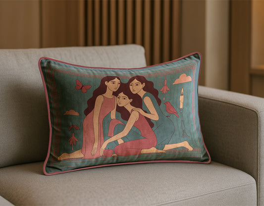Decorative rectangular art velvet pillow/cushion  with artistic design of three women on a couch.