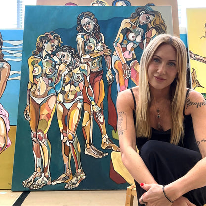 Original contemporary painting by Noemi Safir showing five women connected through posture, touch, and shared emotional presence