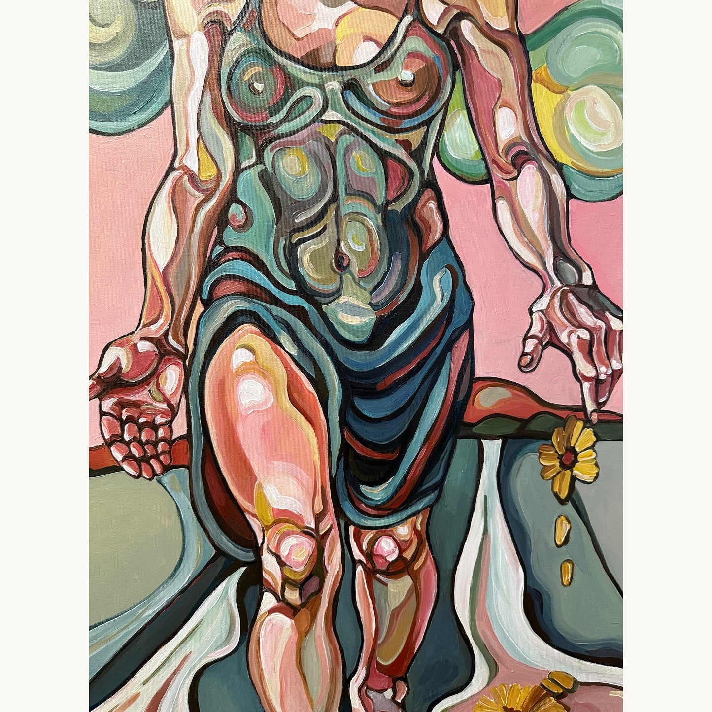 Female figurative artwork by Noemi Safir showing a standing woman, green cloud shapes, scattered flowers, and a soft pink background