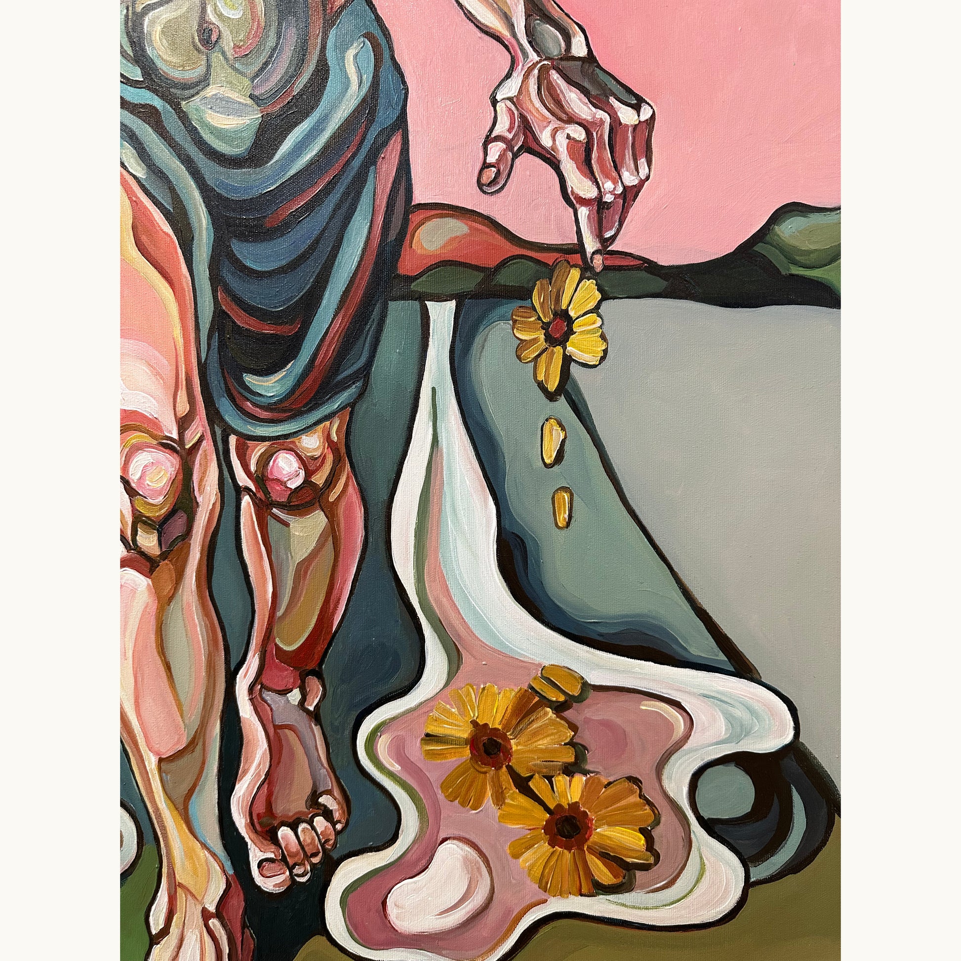 Original acrylic on canvas painting by Noemi Safir with a woman stepping forward on a stylized path in a symbolic natural setting