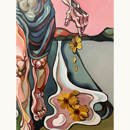 Original acrylic on canvas painting by Noemi Safir with a woman stepping forward on a stylized path in a symbolic natural setting