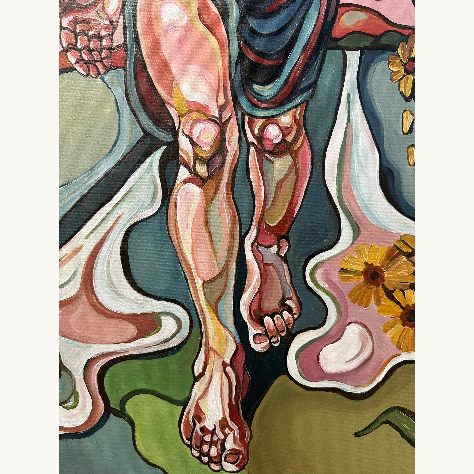 Collectible original painting by Noemi Safir with a female figure in motion, expressive brushwork, and a contemporary symbolic composition
