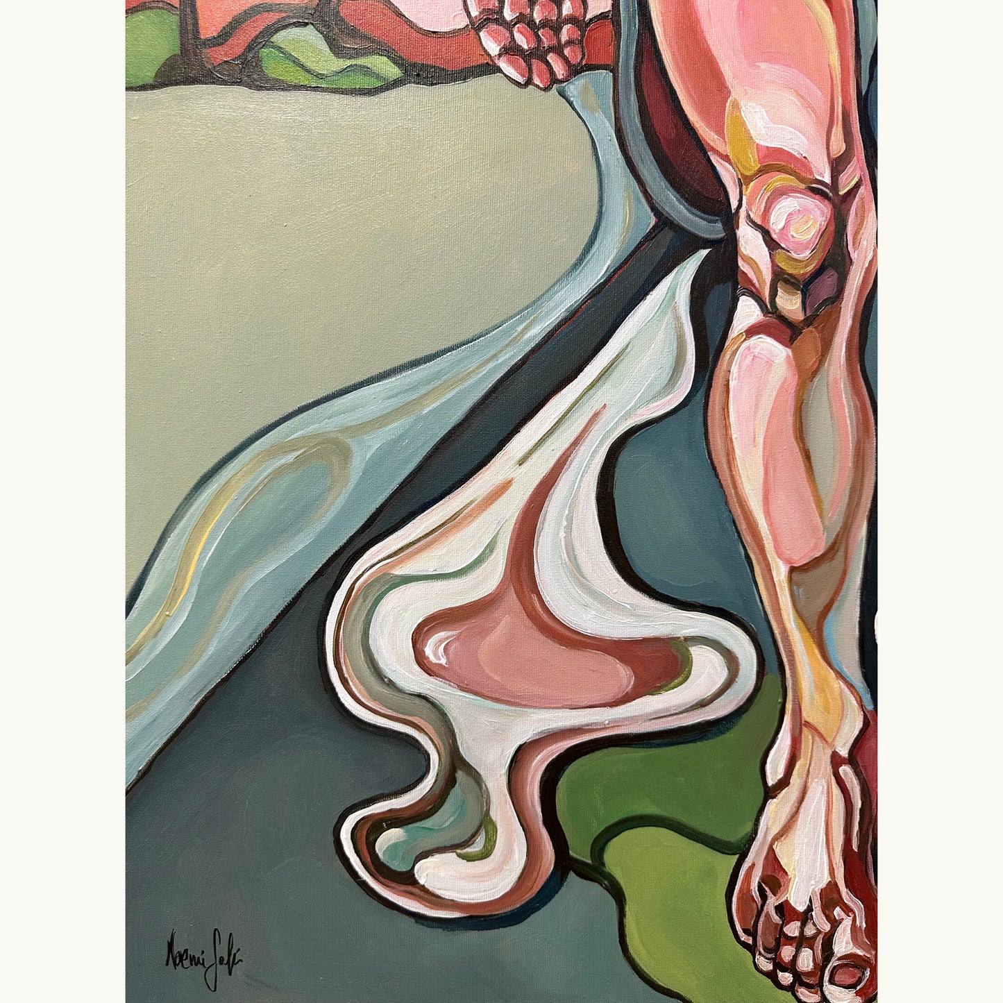 One of a kind acrylic painting by Noemi Safir featuring a woman walking forward with flowers falling from her hand