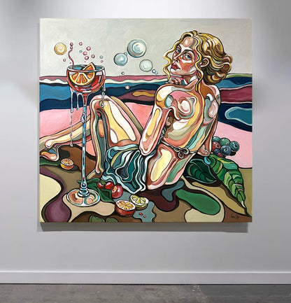 woman figurative artwork by Noemi Safir showing a reclining feminine figure, symbolic still life, lush leaves, and expressive acrylic linework