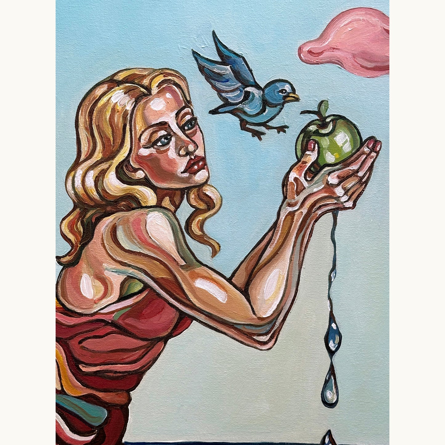 Collectible original painting by Noemi Safir with three female figures, pale blue sky, pink ground, and expressive contemporary symbolism