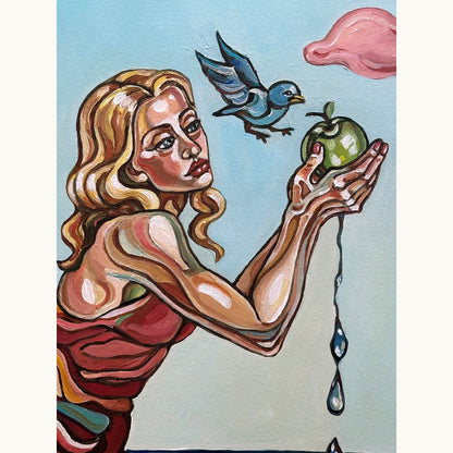 Collectible original painting by Noemi Safir with three female figures, pale blue sky, pink ground, and expressive contemporary symbolism