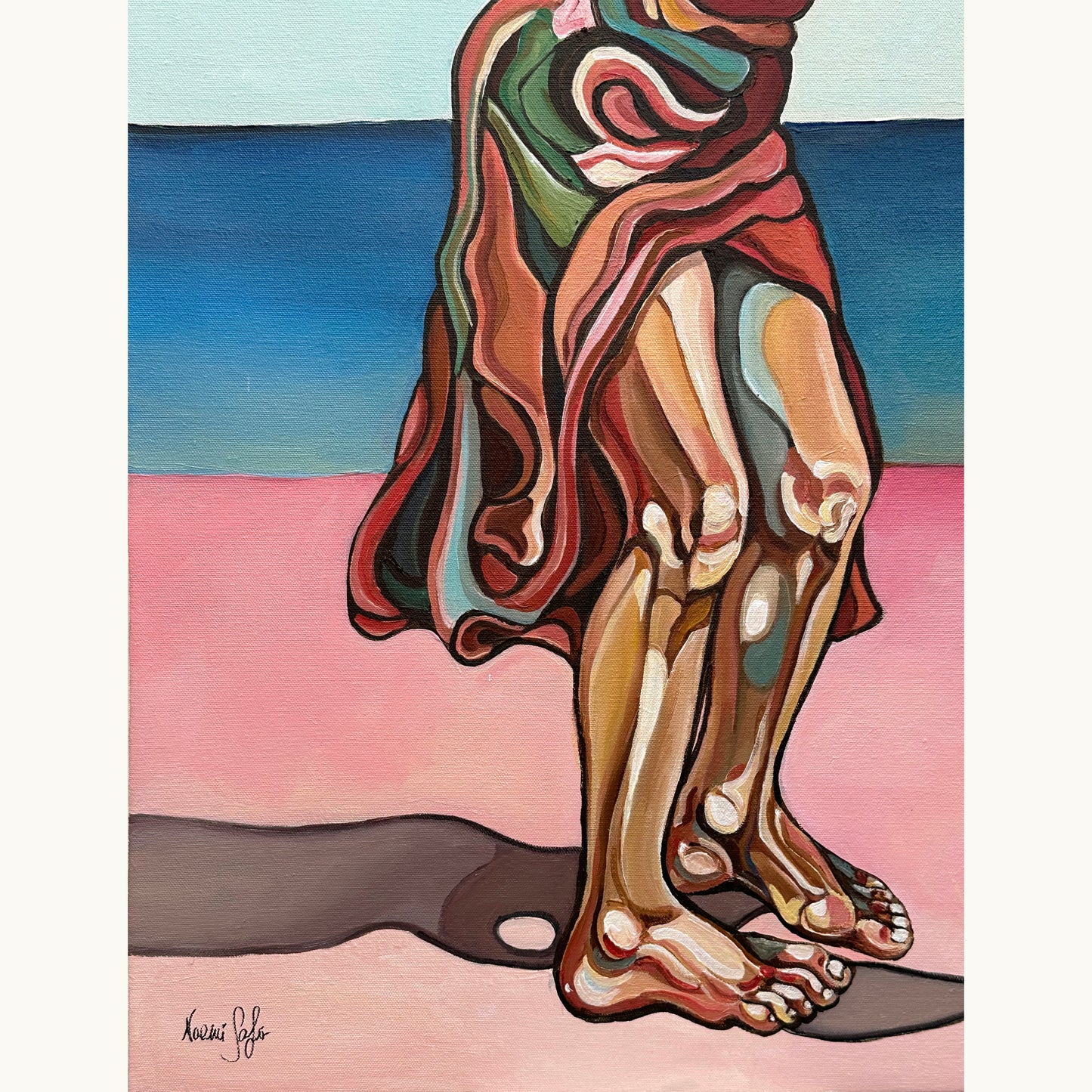 Fine art original by Noemi Safir with a female group portrait, pale blue sky, pink foreground, and expressive acrylic contour work