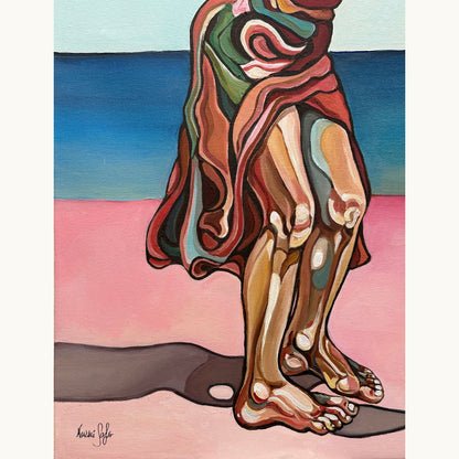 Fine art original by Noemi Safir with a female group portrait, pale blue sky, pink foreground, and expressive acrylic contour work