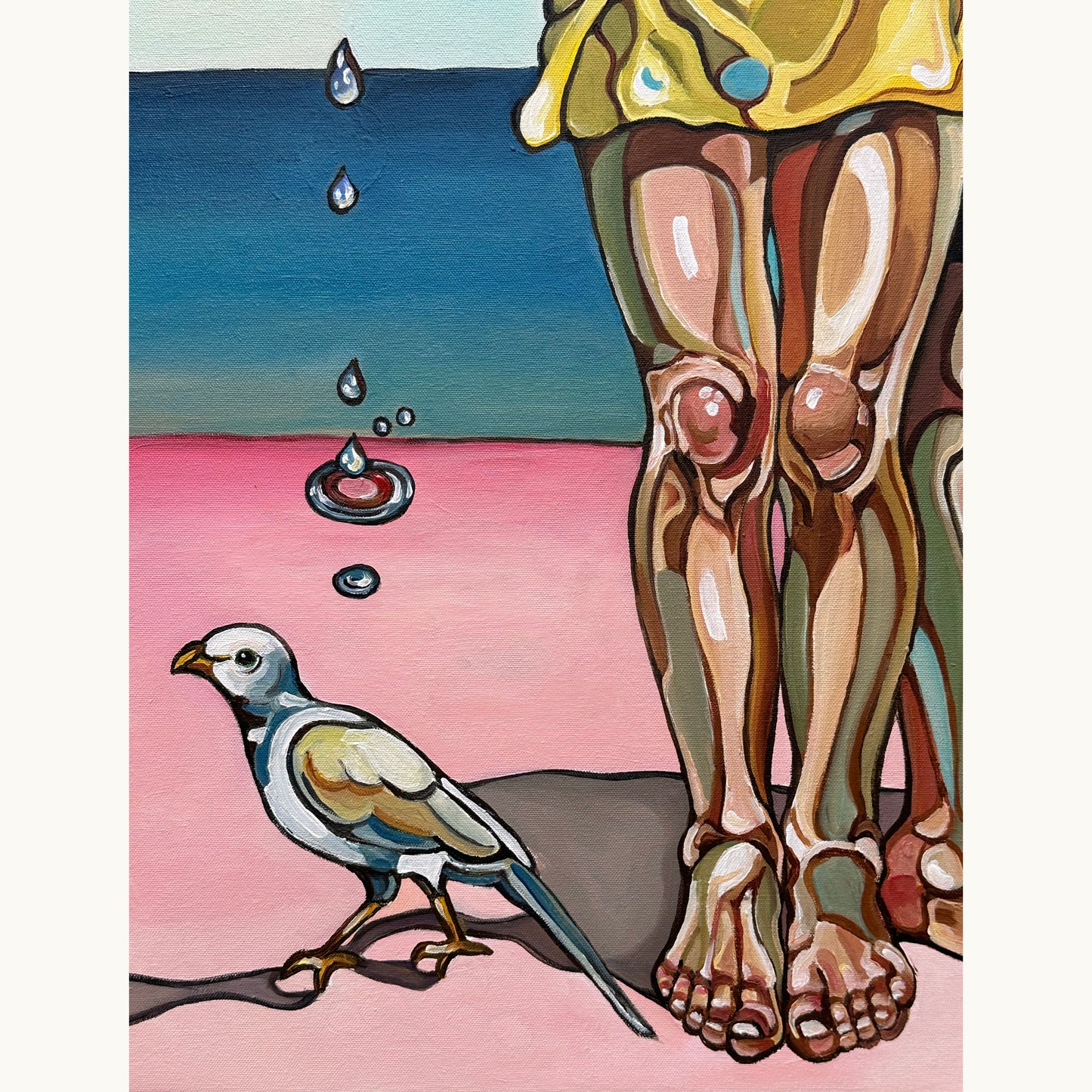 Original acrylic on canvas painting by Noemi Safir with a female group composition, green apple, blue bird, and surreal coastal background