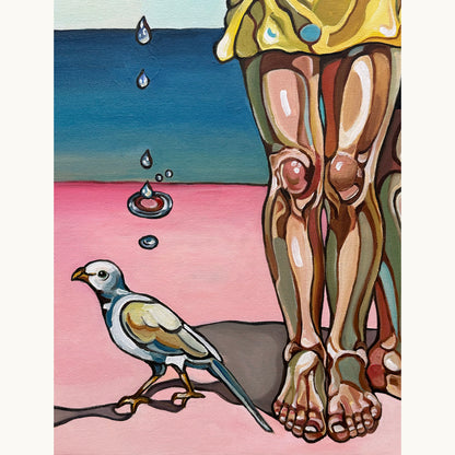 Original acrylic on canvas painting by Noemi Safir with a female group composition, green apple, blue bird, and surreal coastal background