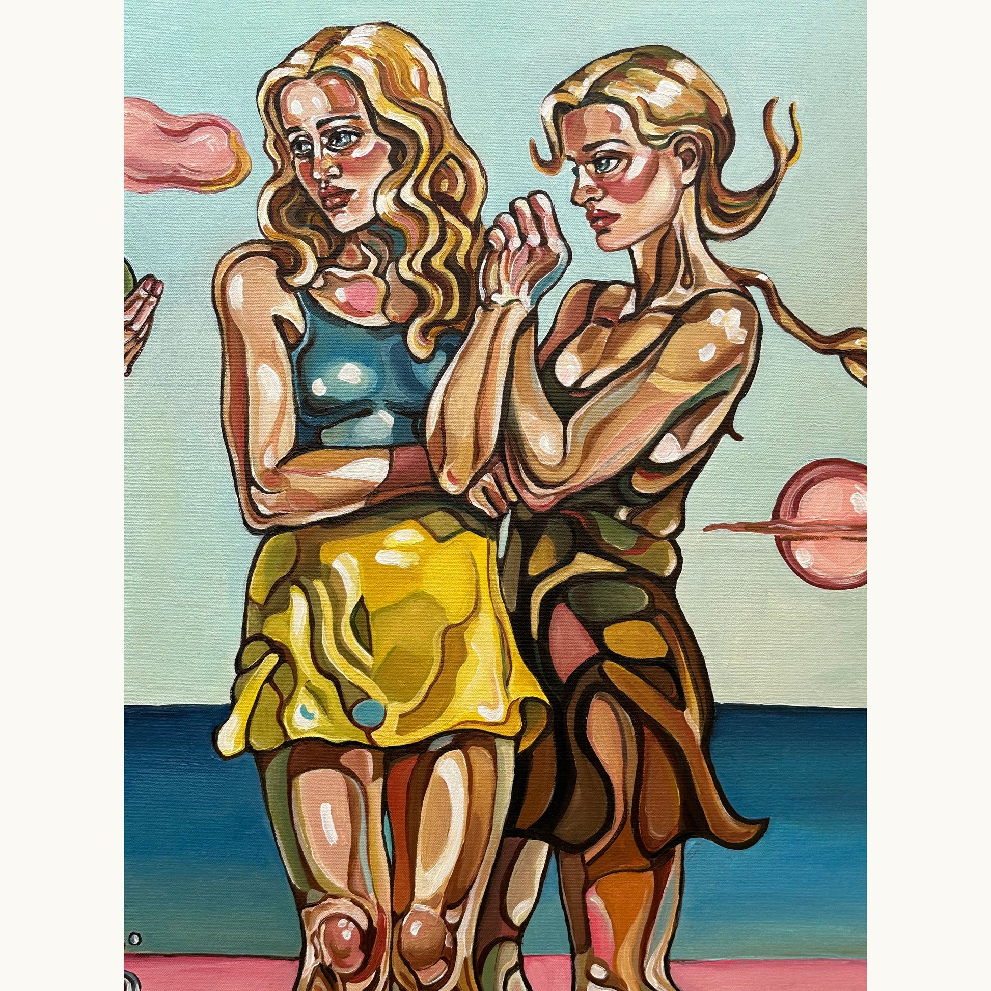 Female figurative artwork by Noemi Safir showing three women standing beside the sea with symbolic birds, rope, and suspended water drops