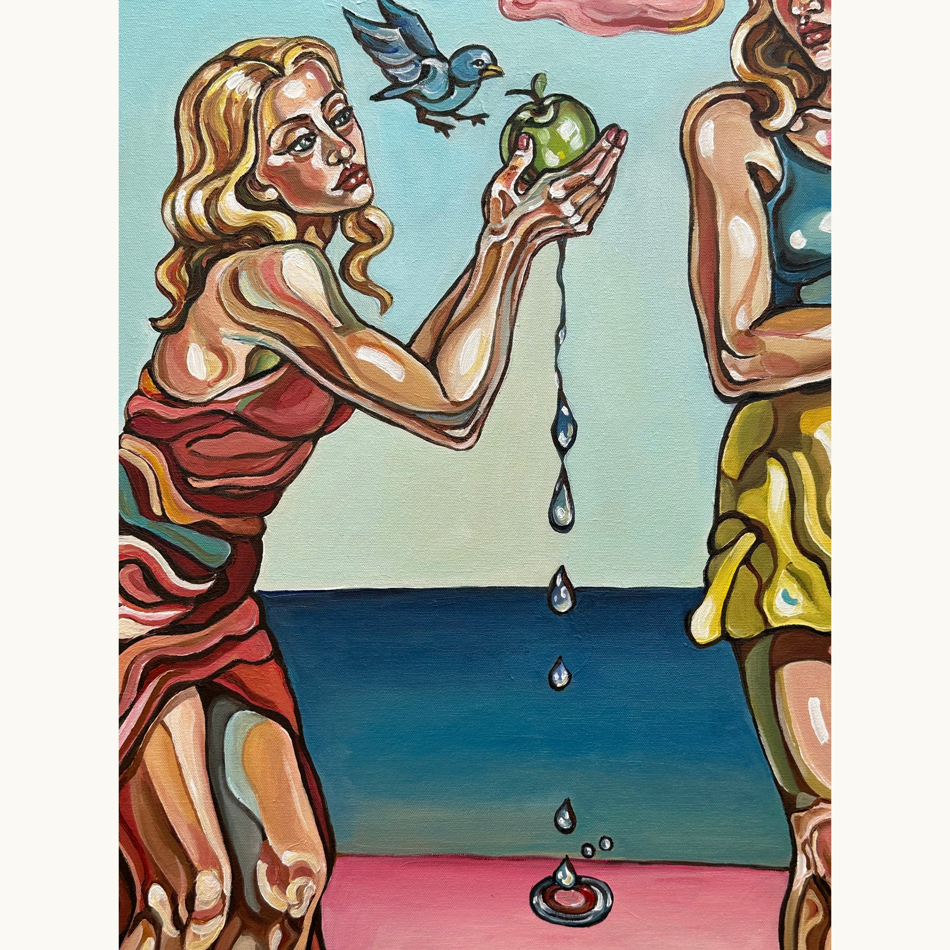 Contemporary figurative painting by Noemi Safir featuring three female figures, pink clouds, sea horizon, and symbolic floating elements