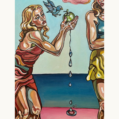 Contemporary figurative painting by Noemi Safir featuring three female figures, pink clouds, sea horizon, and symbolic floating elements