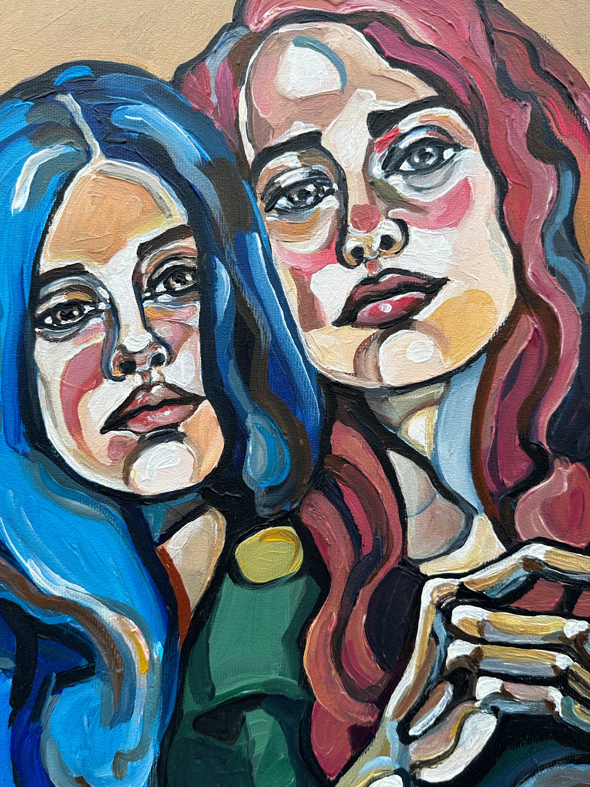 Noemi Safir contemporary figurative painting We Are Unbreakable, showing five elongated female figures in a tightly held composition that expresses endurance, unity, and shared force.
